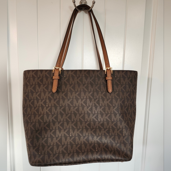 Michael Kors Jet Set Bag Purse 35S6GTTT3B Brown Tan Beige Cream Gold MK Logo - Picture 3 of 9